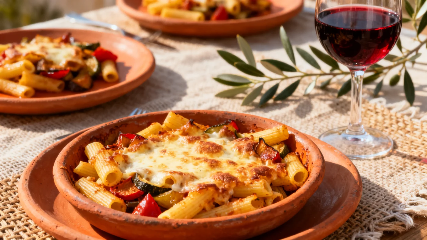 Tavola italiana tradizionale pugliese con pasta al forno e vino rosso