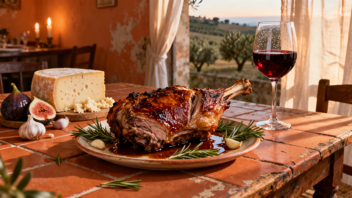 Abbinamento Aglianico con agnello arrosto, pecorino e fichi su tavola in terracotta napoletana , Vinabox
